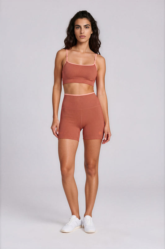 THE EXPERIENCE MINI BIKER SHORTS - TERRACOTA & PINK NEON
